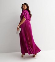 New Look Curves Deep Pink Satin Pleated Midi Wrap Dress
